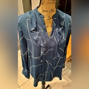 Ann Taylor blue/white Blouse with ruffle neckline elegant design size small